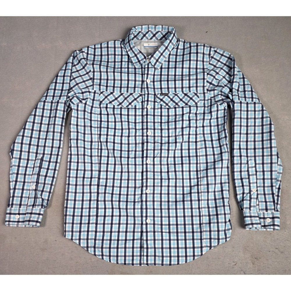 Men's Columbia Shirt MEDIUM Blue Plaid Omni-Shade Long Sleeve Button Up Fishing